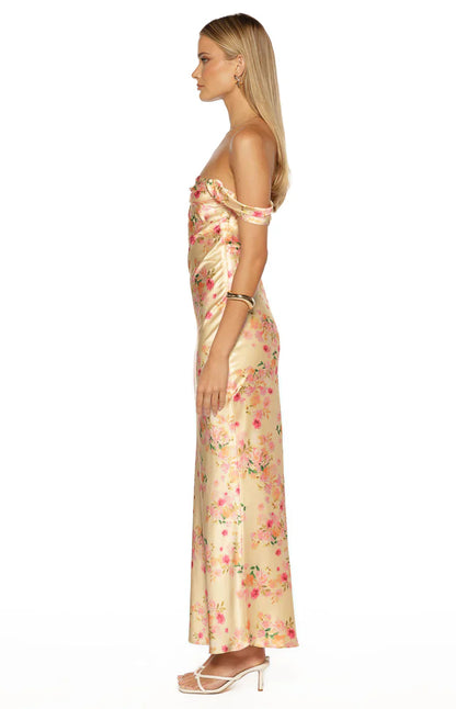 Ella Yellow Bloom Satin Maxi Dress