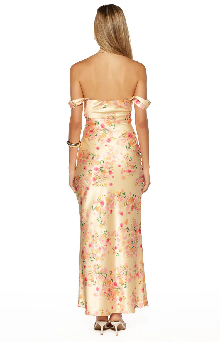 Ella Yellow Bloom Satin Maxi Dress
