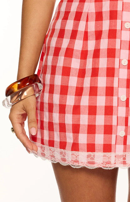 Elliana Red Gingham Lace Trim Mini Dress