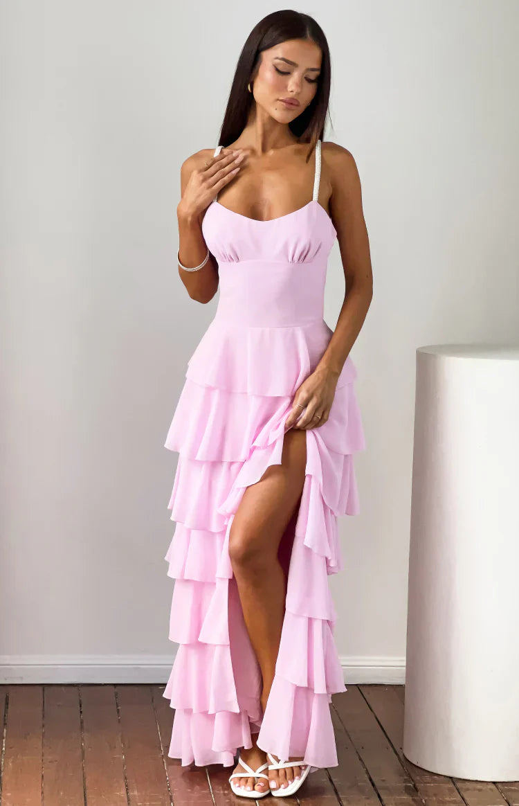 Felicity Pink Pearl Strap Ruffle Maxi Dress