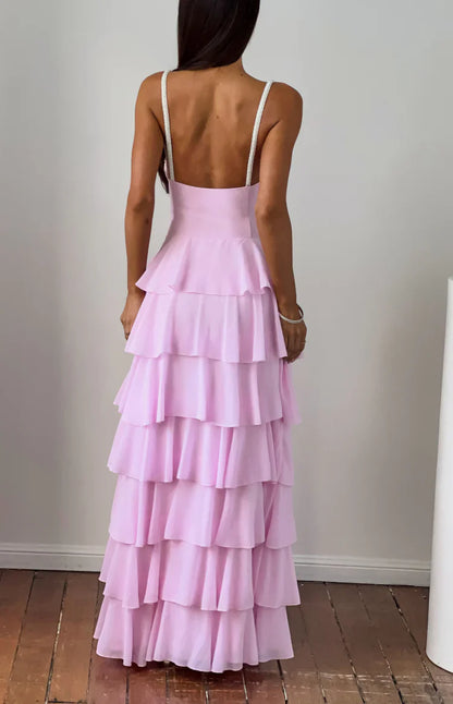 Felicity Pink Pearl Strap Ruffle Maxi Dress