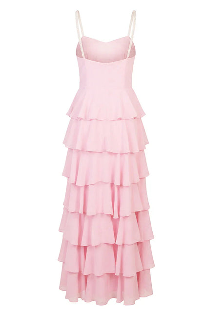 Felicity Pink Pearl Strap Ruffle Maxi Dress
