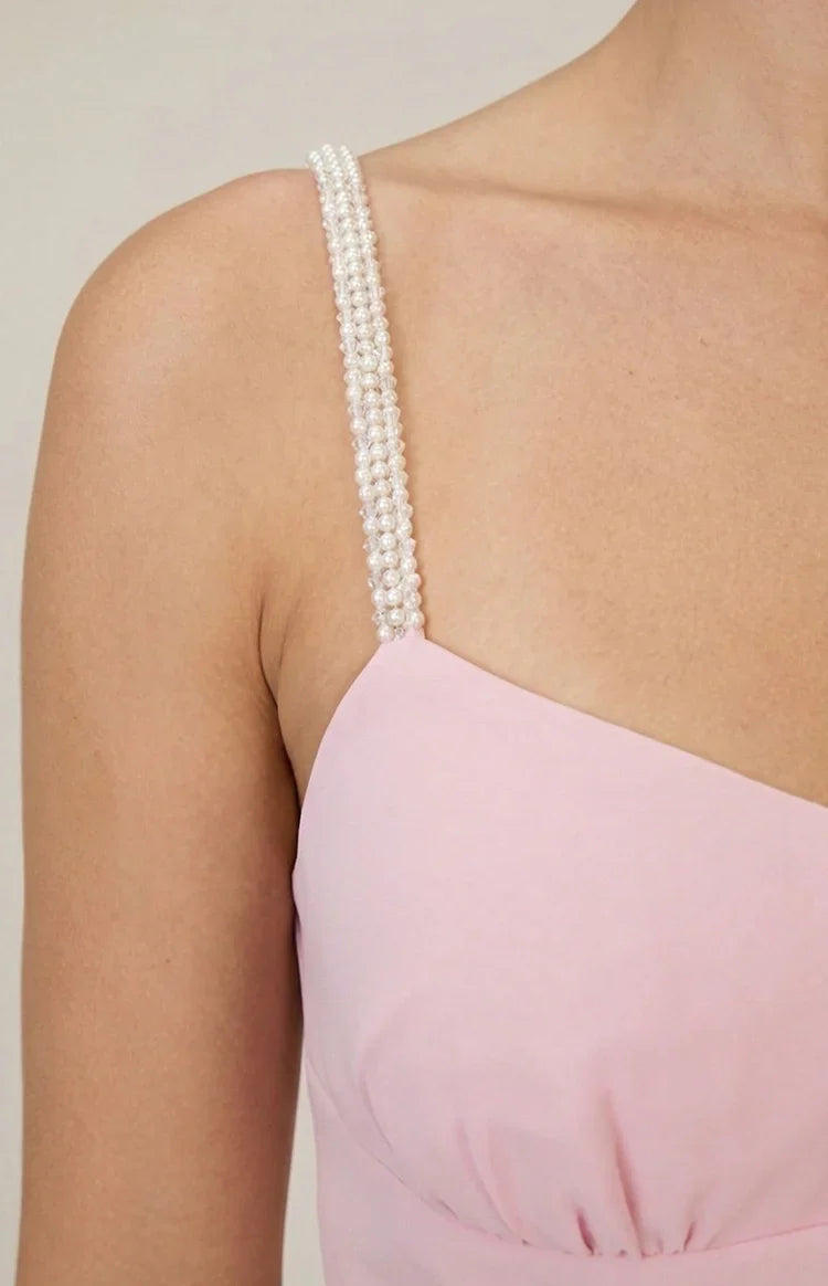 Felicity Pink Pearl Strap Ruffle Maxi Dress