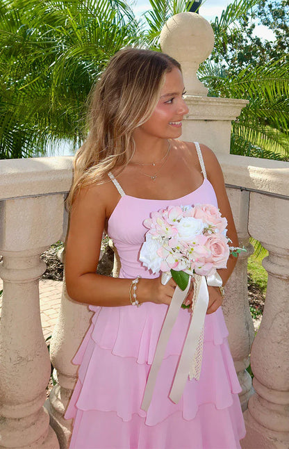 Felicity Pink Pearl Strap Ruffle Maxi Dress