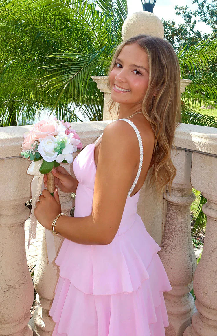 Felicity Pink Pearl Strap Ruffle Maxi Dress