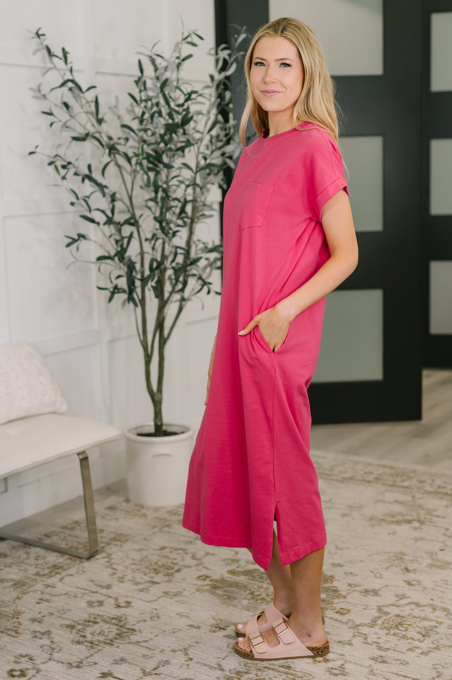 Hazel Blues® |  Fix You Right Up Short Sleeve Midi Dress in Hot Pink