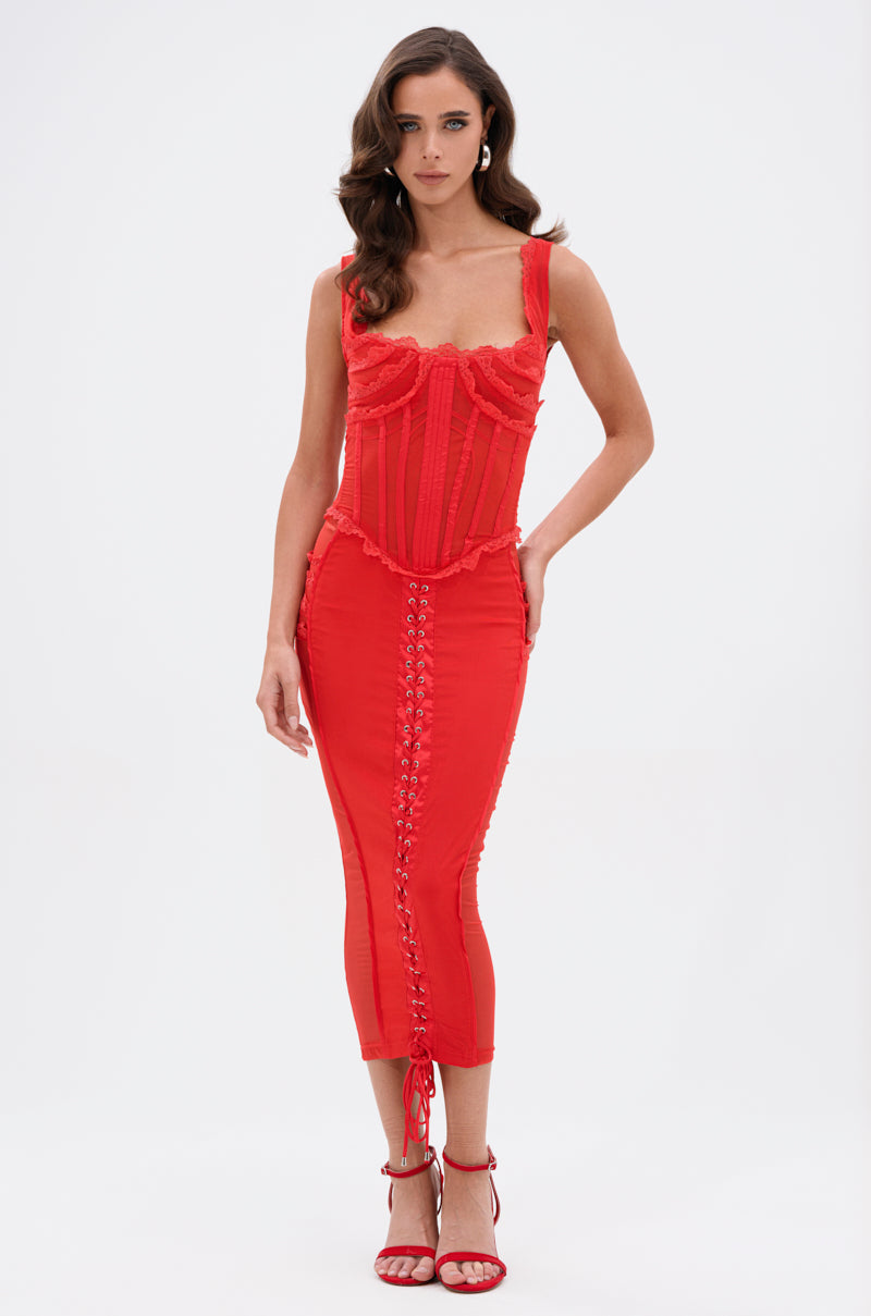 LET ME REMIND YOU LACE UP MESH MIDI DRESS IN RED
