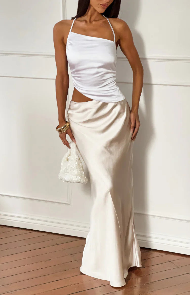 Gracie White Contrast Satin Maxi Dress