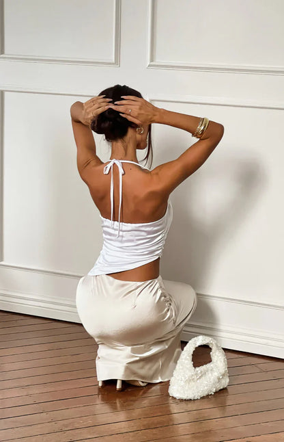 Gracie White Contrast Satin Maxi Dress