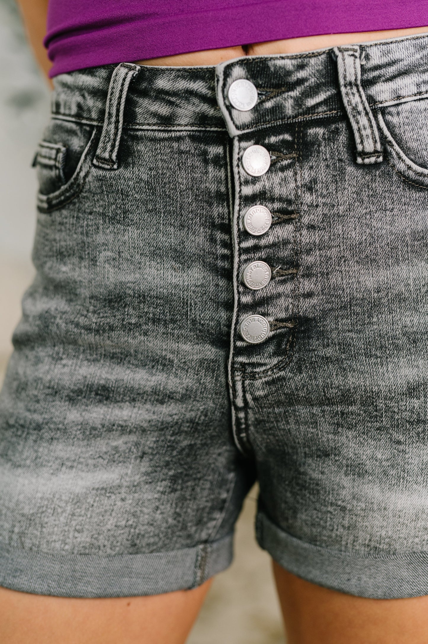 Hazel Blues® |  Greyson High Rise Button Fly Cuffed Shorts in Grey