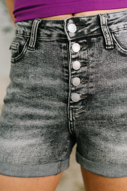 Hazel Blues® |  Greyson High Rise Button Fly Cuffed Shorts in Grey