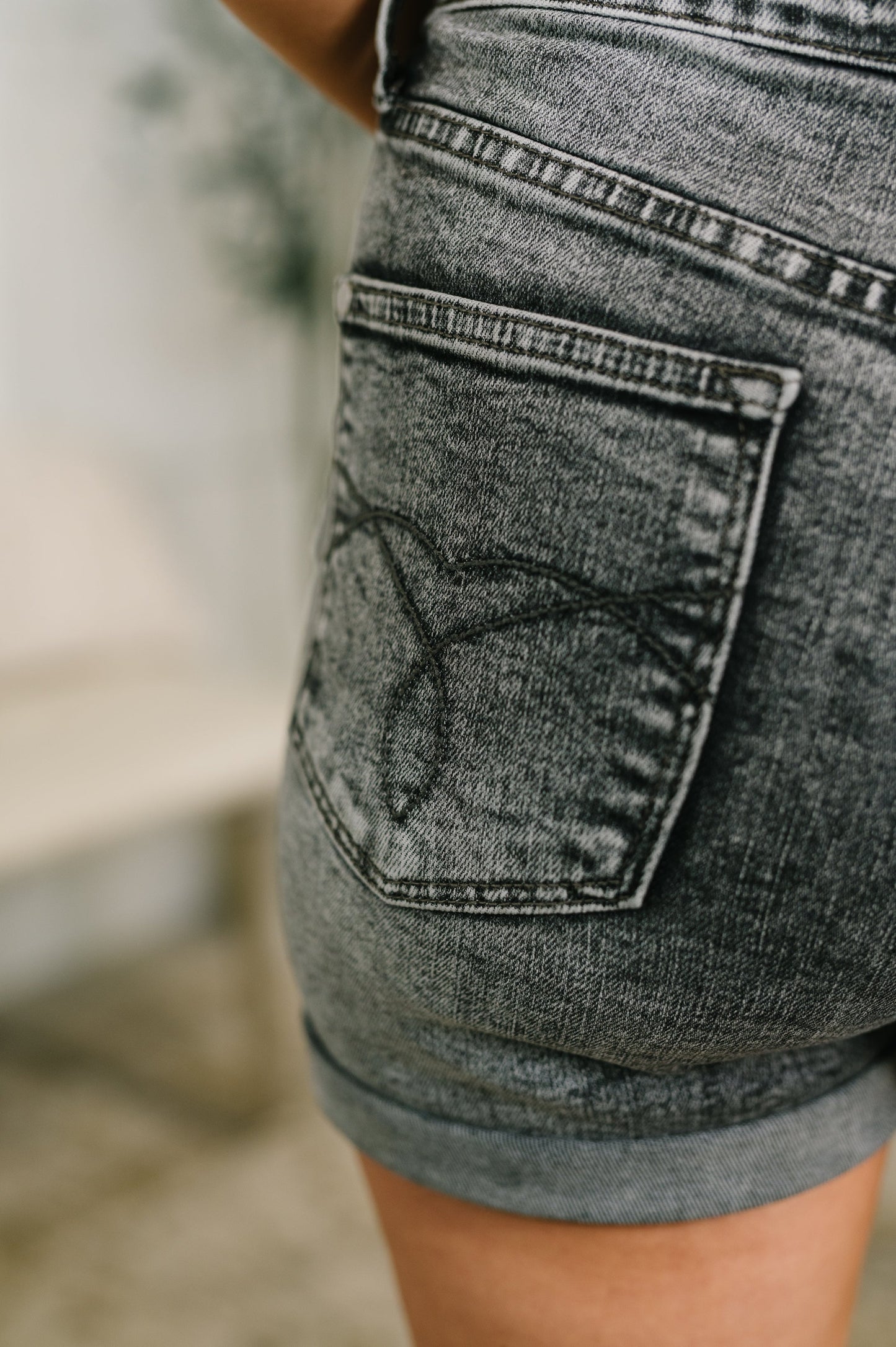 Hazel Blues® |  Greyson High Rise Button Fly Cuffed Shorts in Grey
