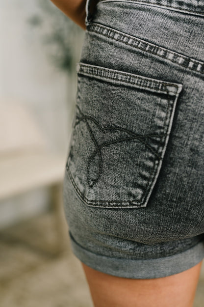Hazel Blues® |  Greyson High Rise Button Fly Cuffed Shorts in Grey