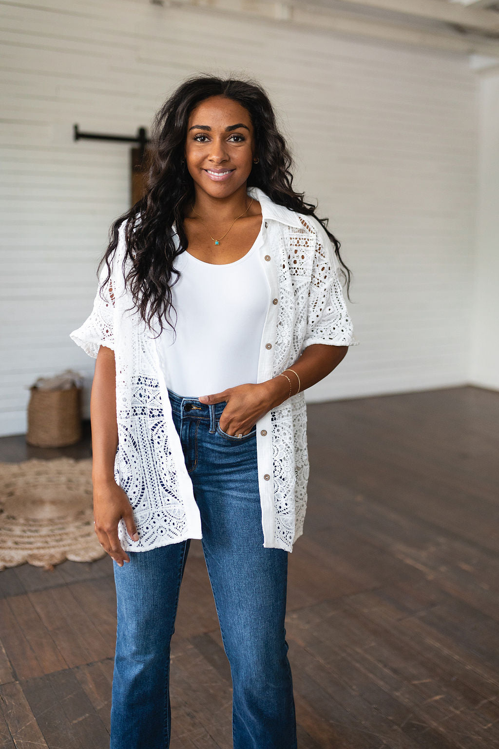 Hazel Blues® | Head in the Clouds Lace Button Down