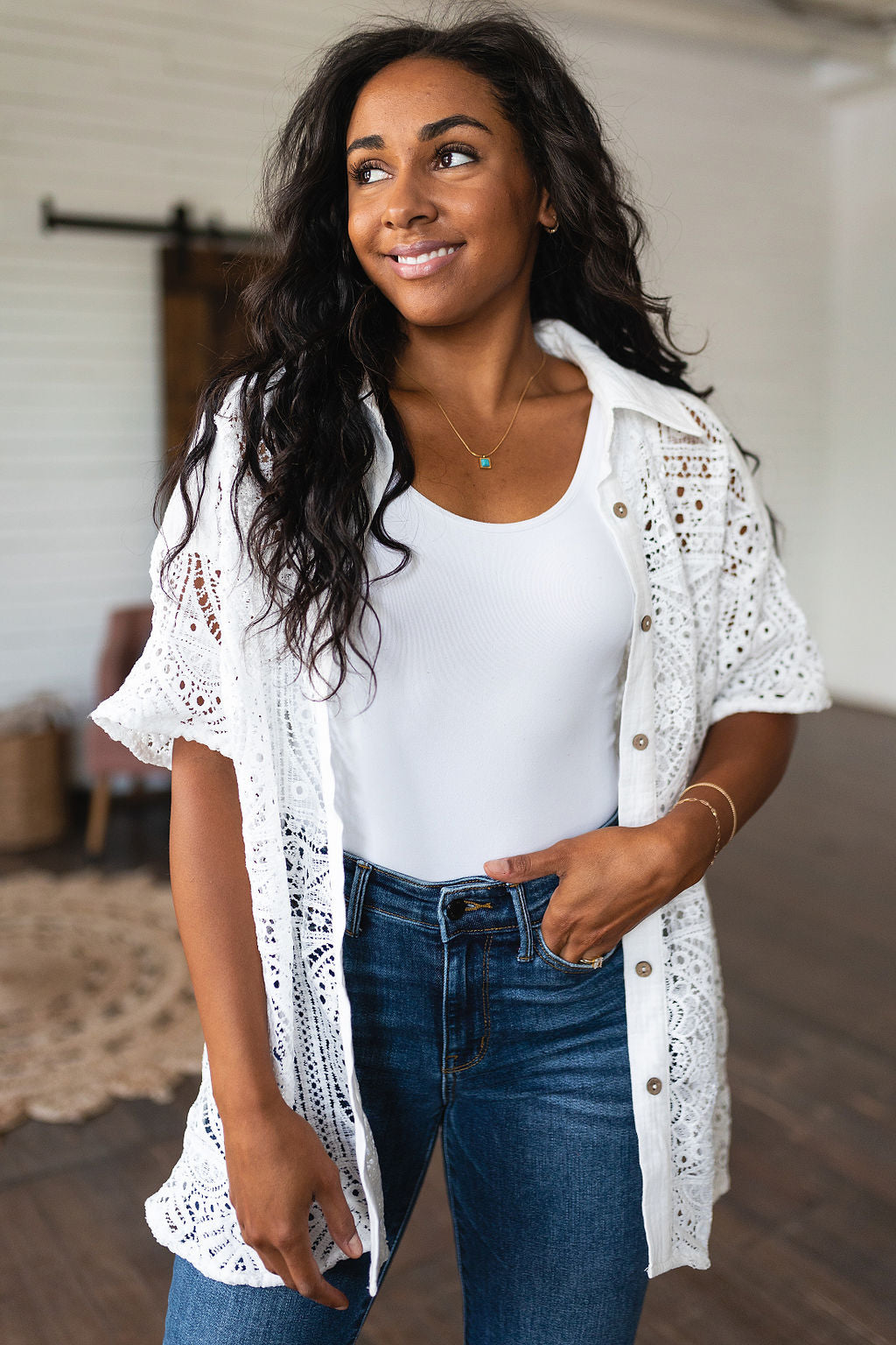 Hazel Blues® | Head in the Clouds Lace Button Down