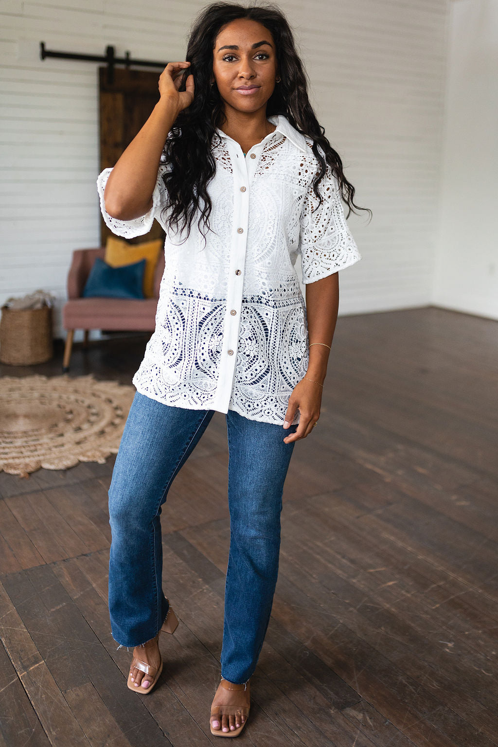 Hazel Blues® | Head in the Clouds Lace Button Down