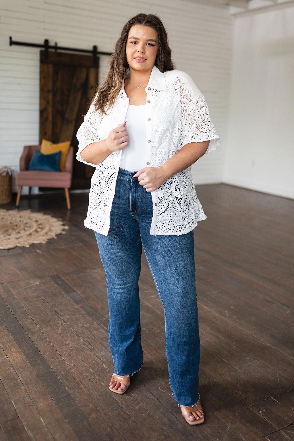 Hazel Blues® | Head in the Clouds Lace Button Down