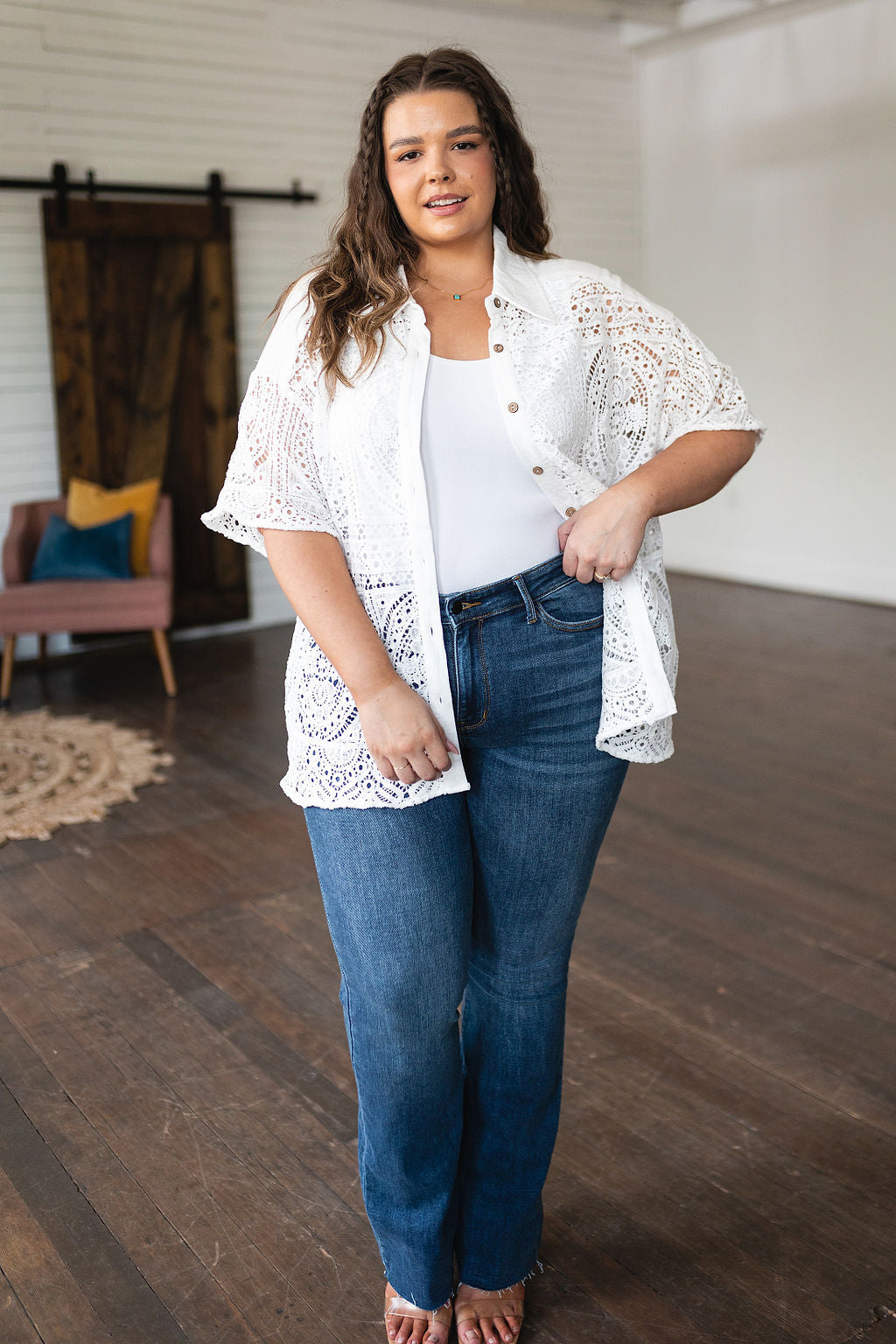 Hazel Blues® | Head in the Clouds Lace Button Down