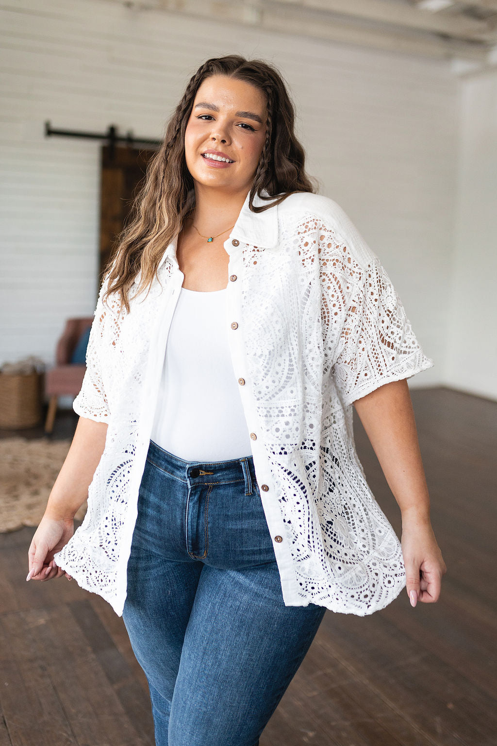 Hazel Blues® | Head in the Clouds Lace Button Down