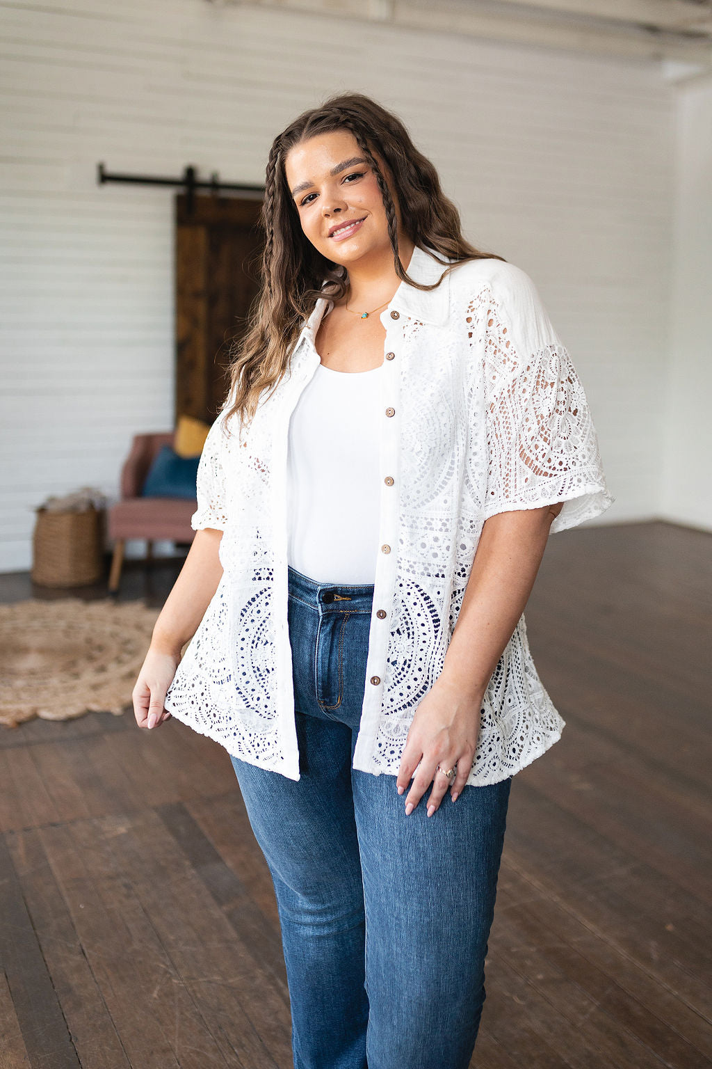 Hazel Blues® | Head in the Clouds Lace Button Down