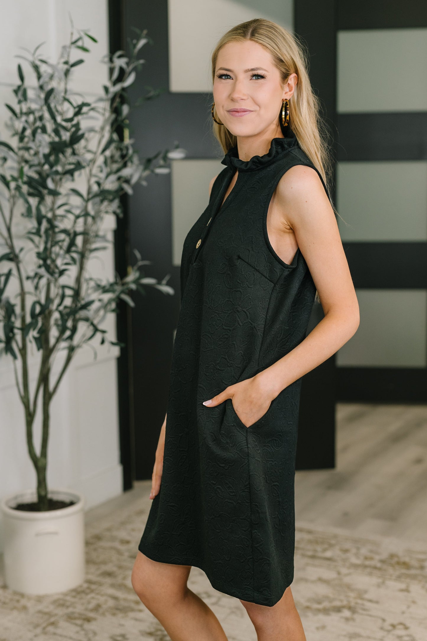 Hazel Blues® |  High Tide High Neck Embossed Sleeveless Dress in Black