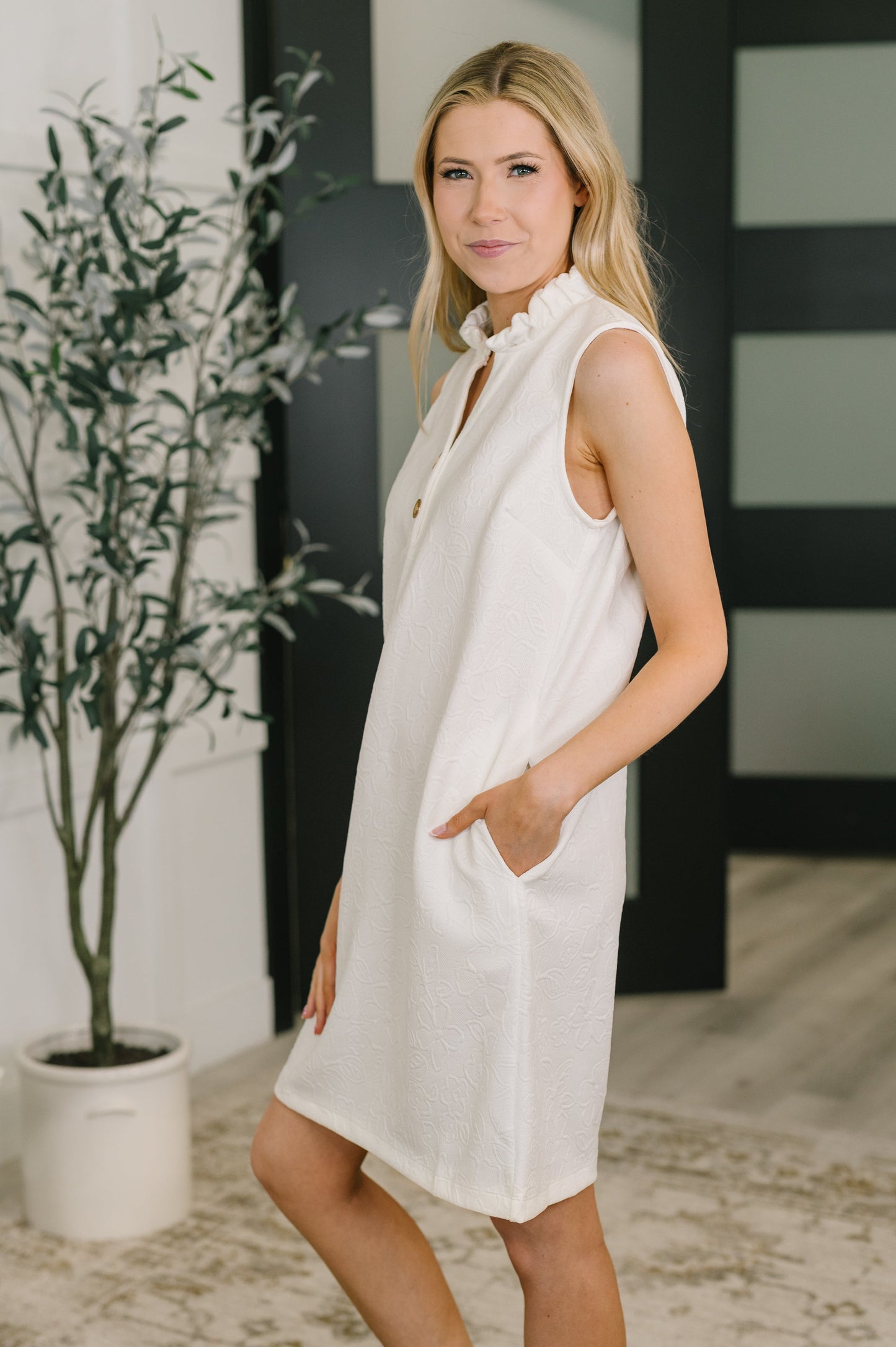 Hazel Blues® |  High Tide High Neck Embossed Sleeveless Dress in Off White