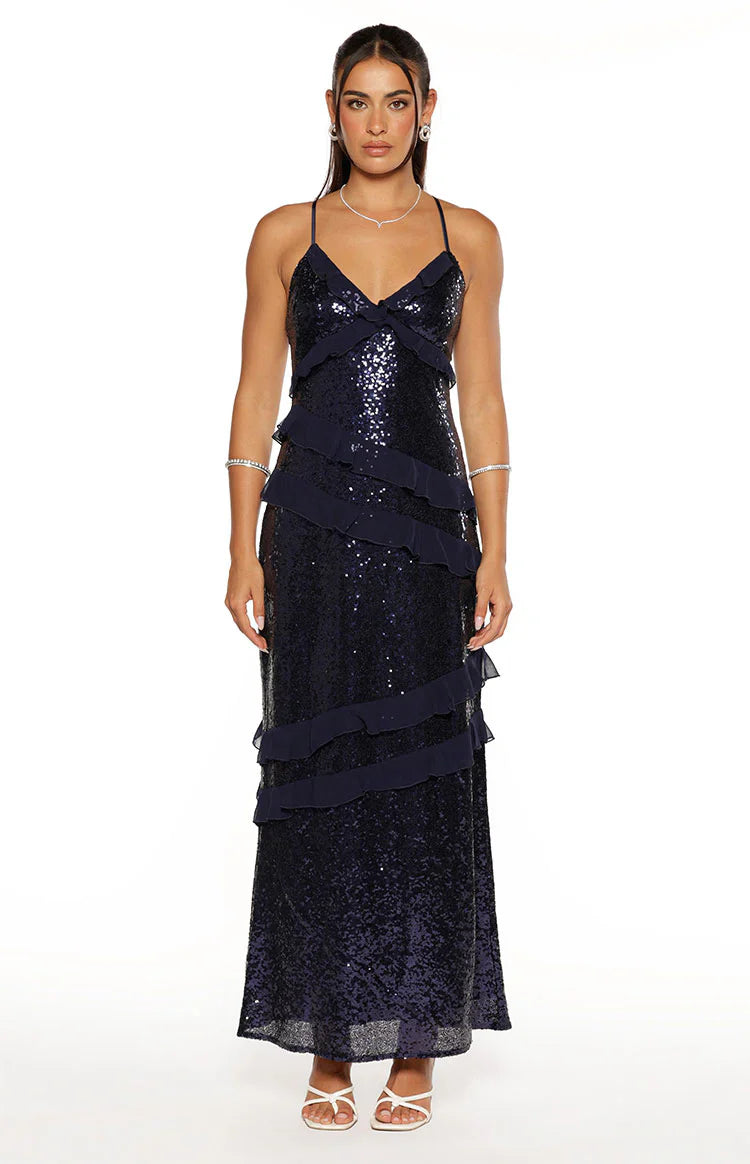 Inara Navy Sequin Ruffle Maxi Dress