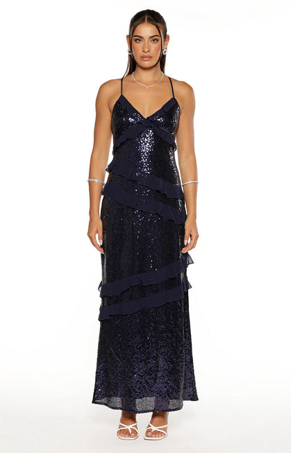 Inara Navy Sequin Ruffle Maxi Dress