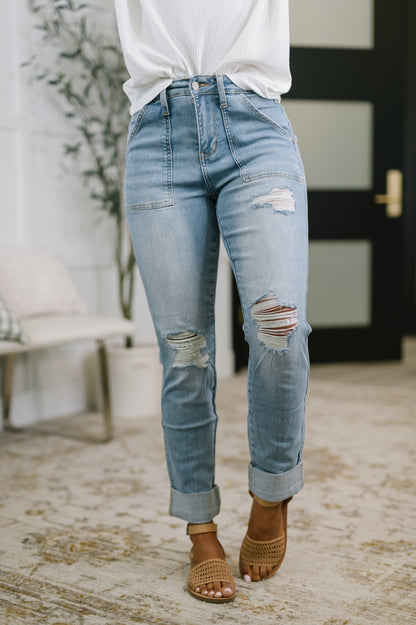 Hazel Blues® |  Aiden High Rise Patch Pocket Distressed Boyfriend Jeans