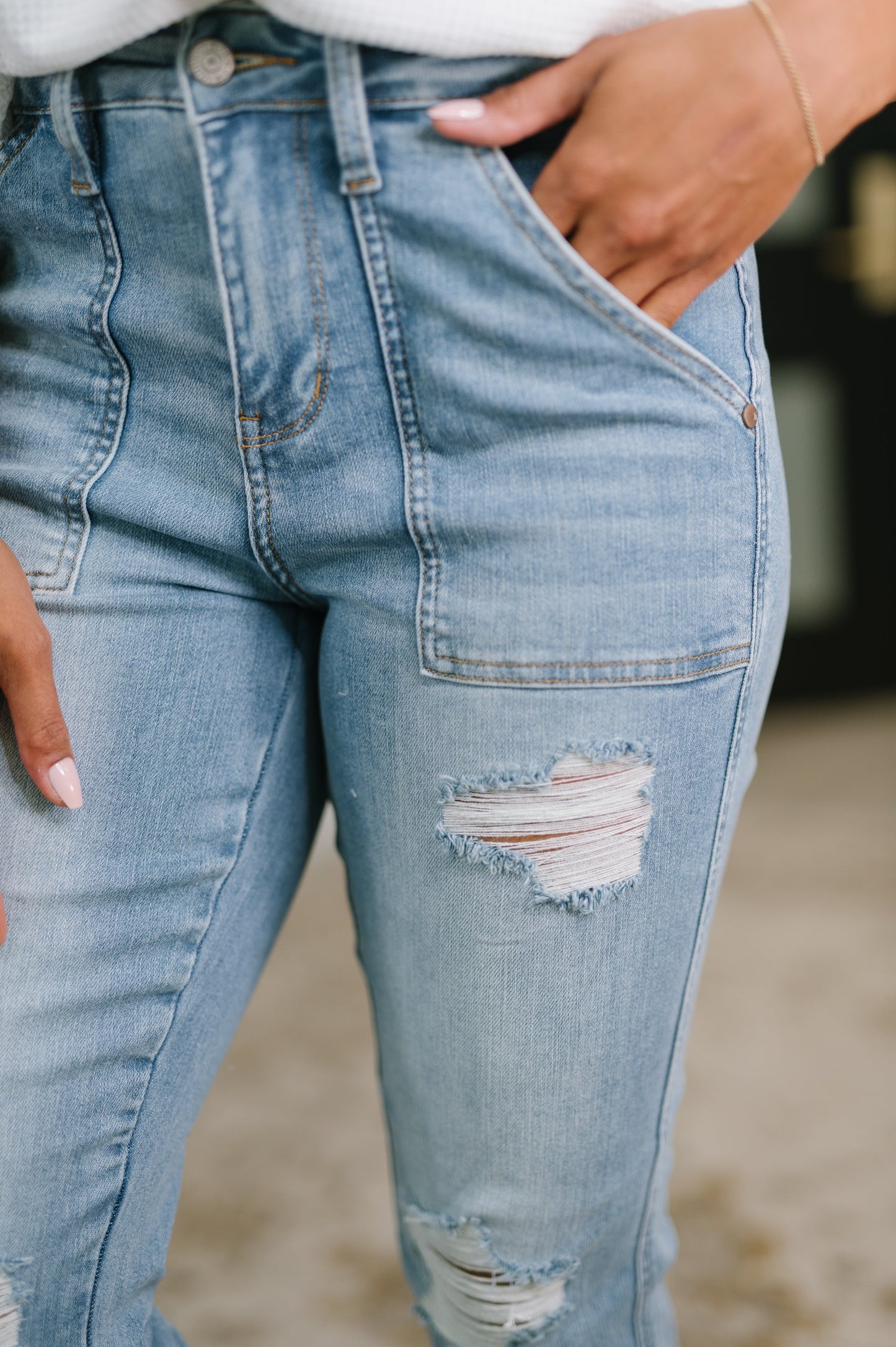 Hazel Blues® |  Aiden High Rise Patch Pocket Distressed Boyfriend Jeans