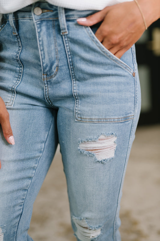 Hazel Blues® |  Aiden High Rise Patch Pocket Distressed Boyfriend Jeans