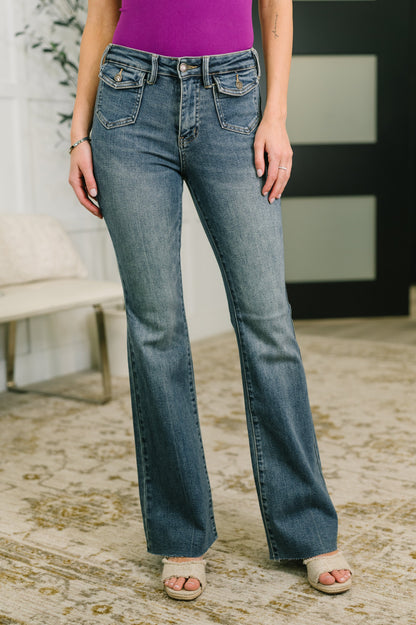 Hazel Blues® |  Jackie Mid Rise Flare Jean with Front Flap Pockets