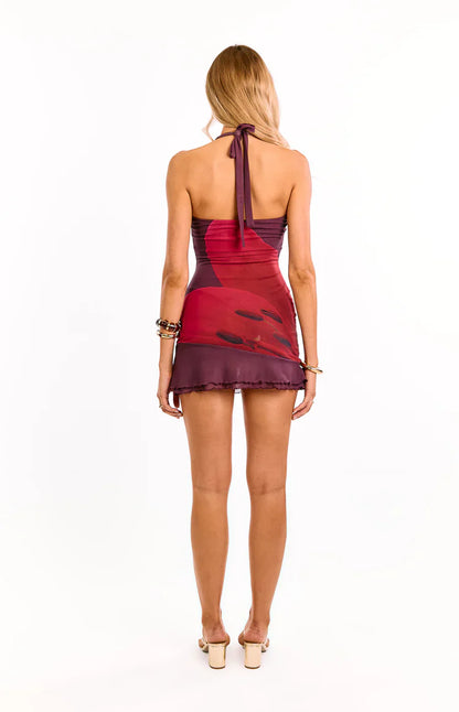 Julia Purple Floral Halter Neck Party Mini Dress