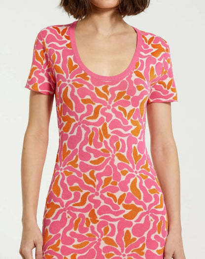 Pink Short Sleeve Scoop Neck Floral Knit Maxi Dress