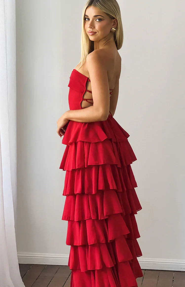 Kim Red Strapless Ruffle Maxi Dress