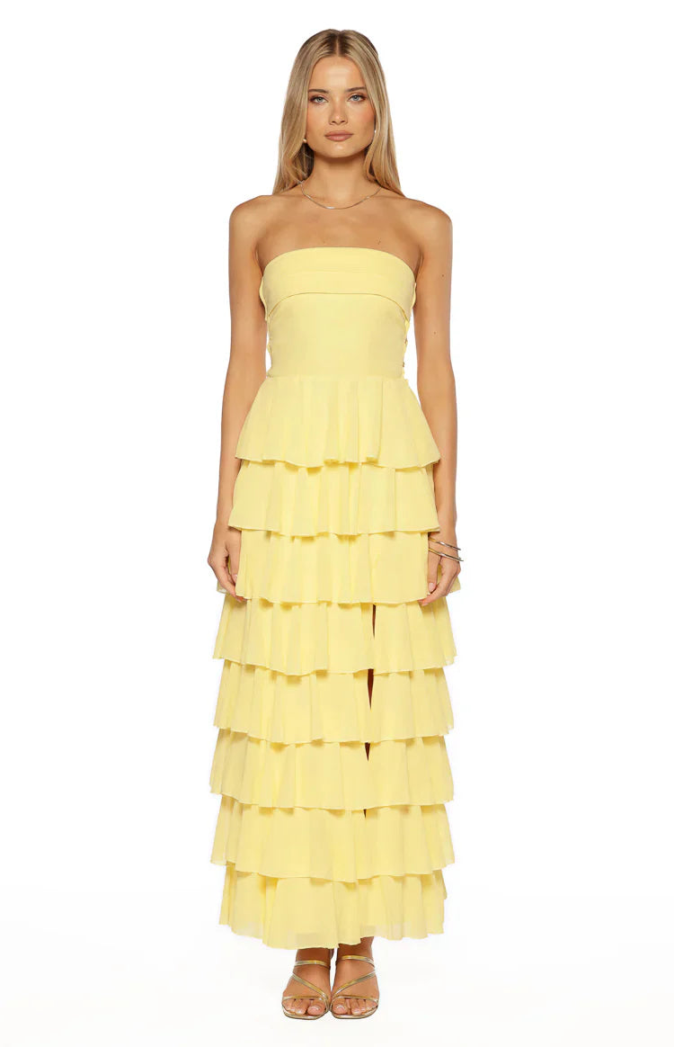 Kim Yellow Strapless Ruffle Maxi Dress