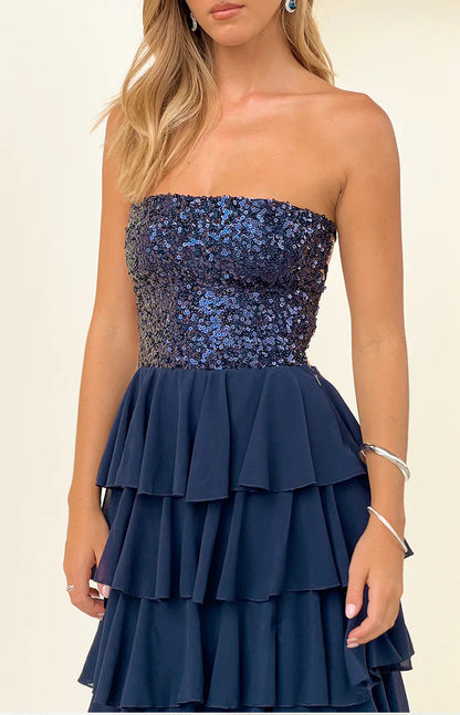Kimberley Navy Sequin Strapless Ruffle Maxi Dress