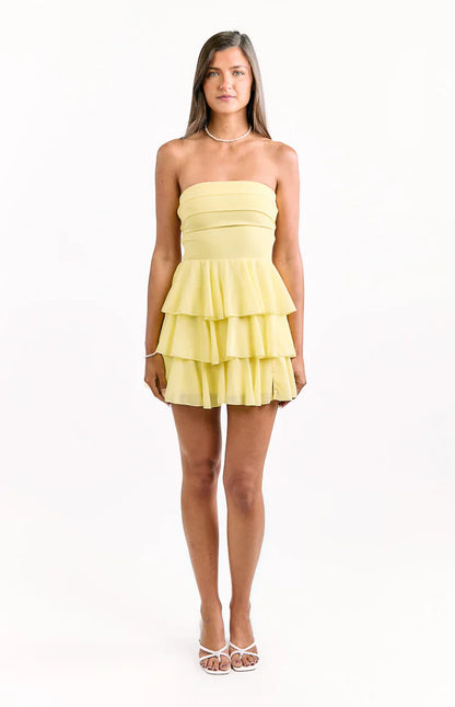 Kimmie Yellow Strapless Ruffle Mini Dress
