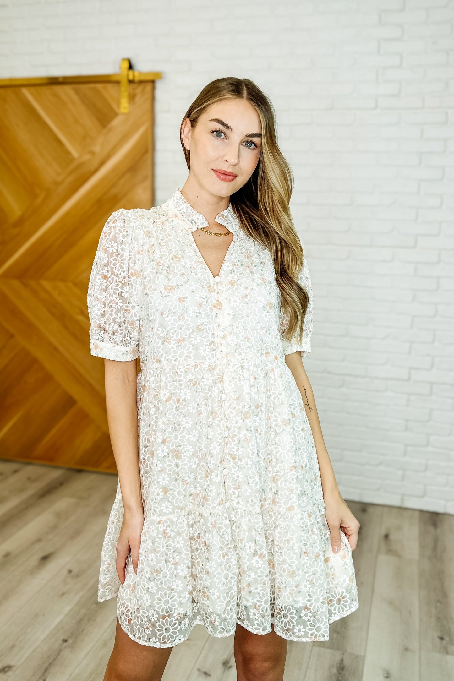 Hazel Blues® |  Lace to the Party High Neck Dress in Ivory Multi