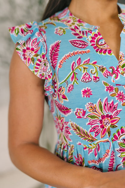 Hazel Blues® |  Lizzy Forever Flutter Sleeve Dress in Blue and Pink Paisley Floral