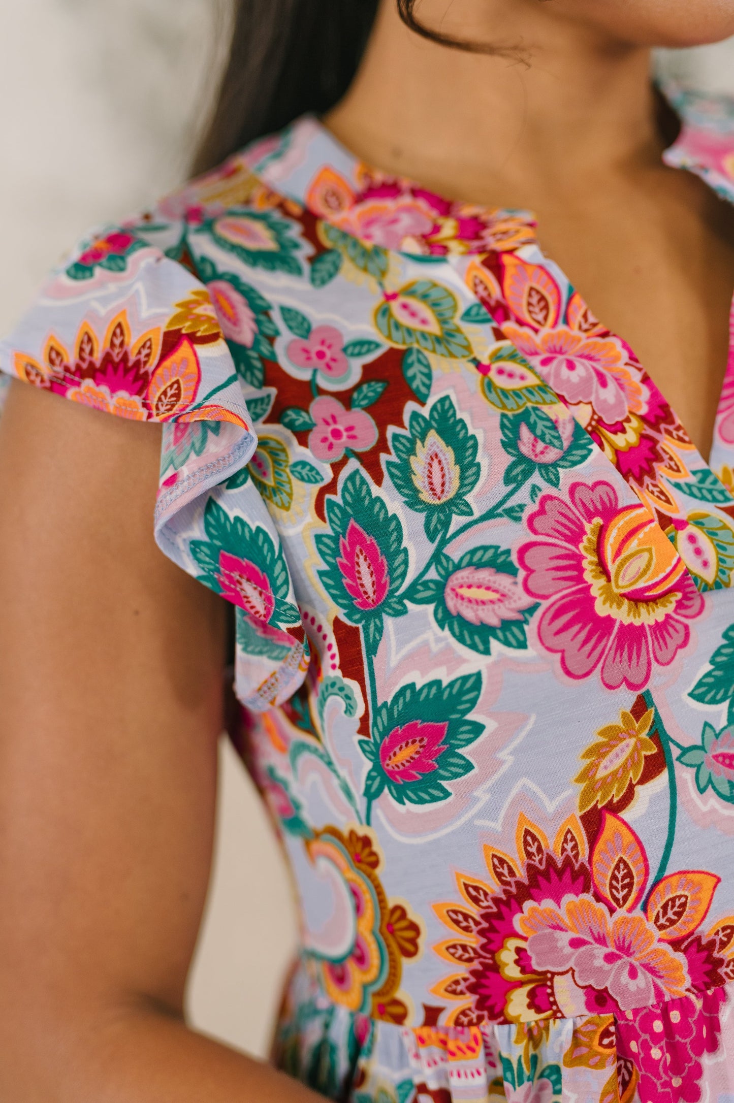 Hazel Blues® |  Lizzy Forever Flutter Sleeve Dress in White Multi Floral Paisley
