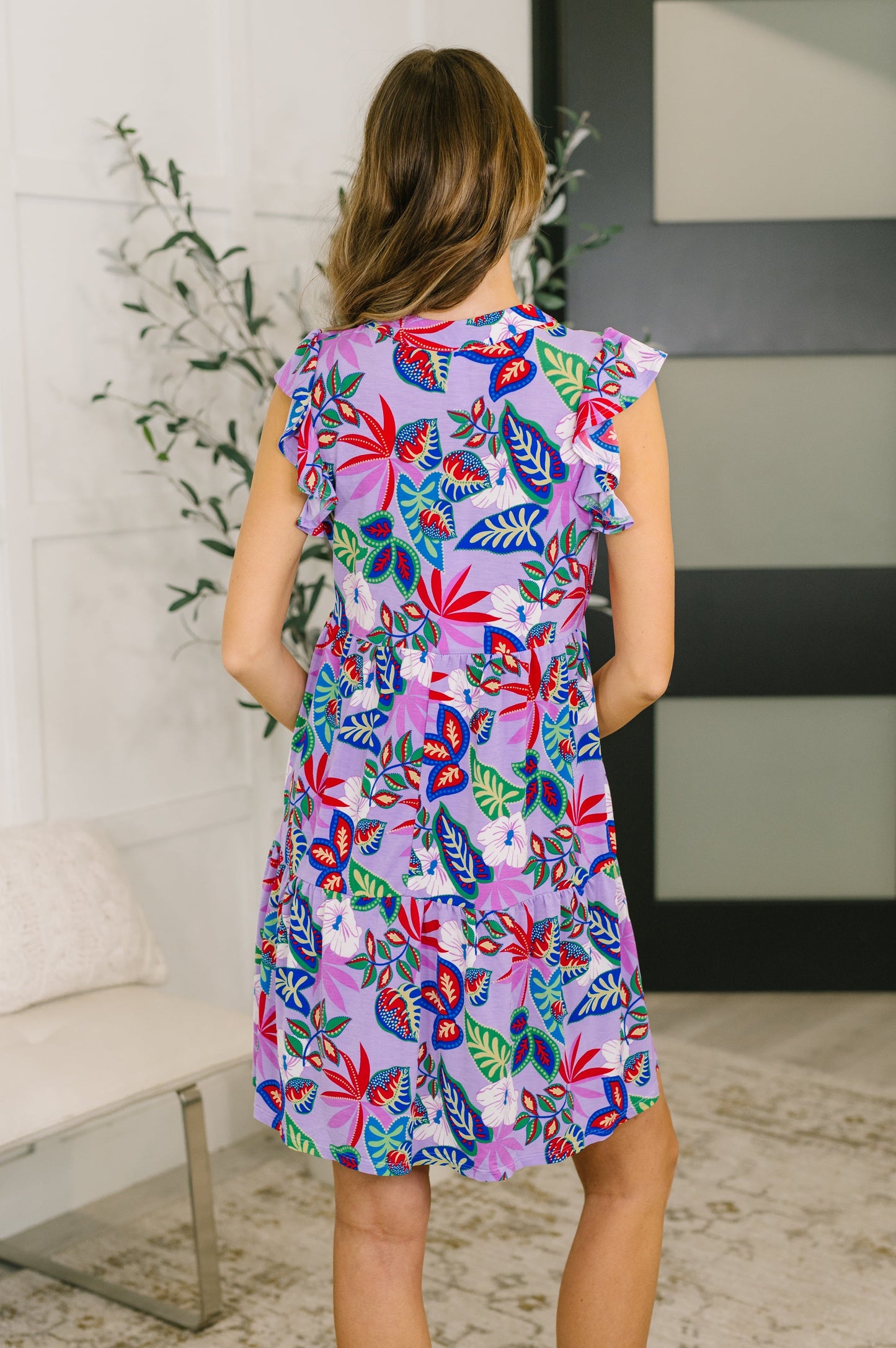 Hazel Blues® |  Lizzy Flutter Sleeve Dress in Multi Leaf