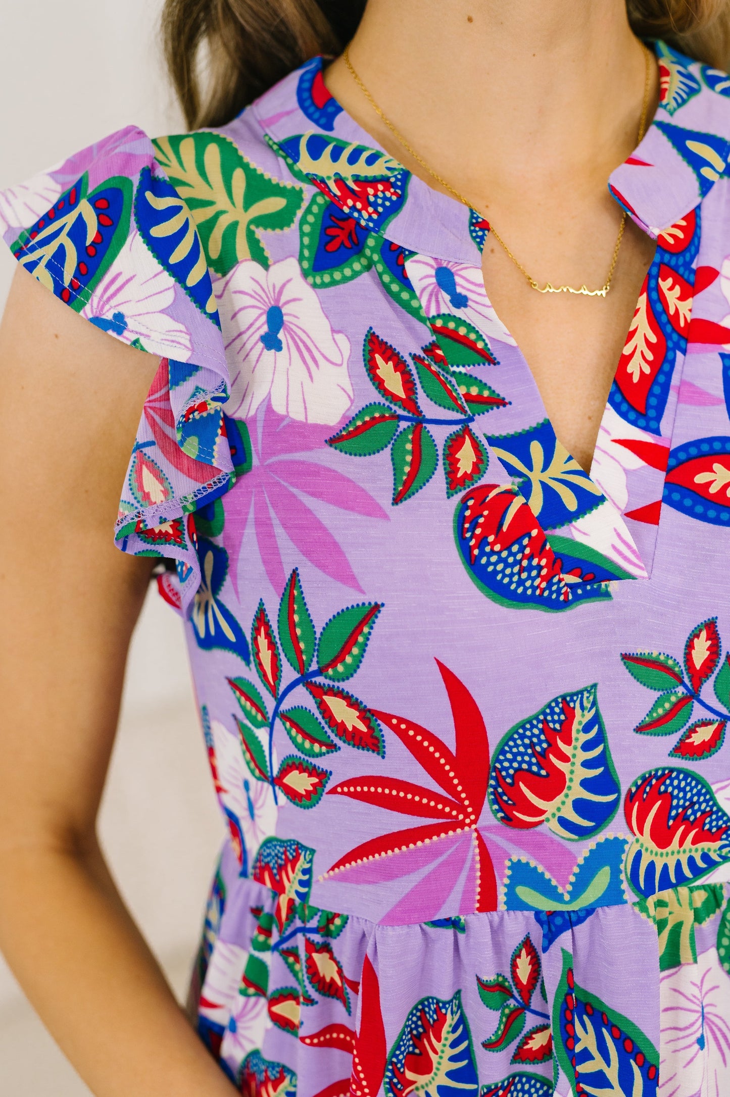 Hazel Blues® |  Lizzy Flutter Sleeve Dress in Multi Leaf