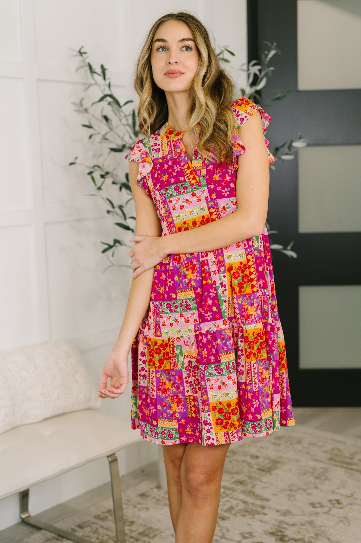 Hazel Blues® |  Lizzy Flutter Sleeve Dress in Patchwork Floral