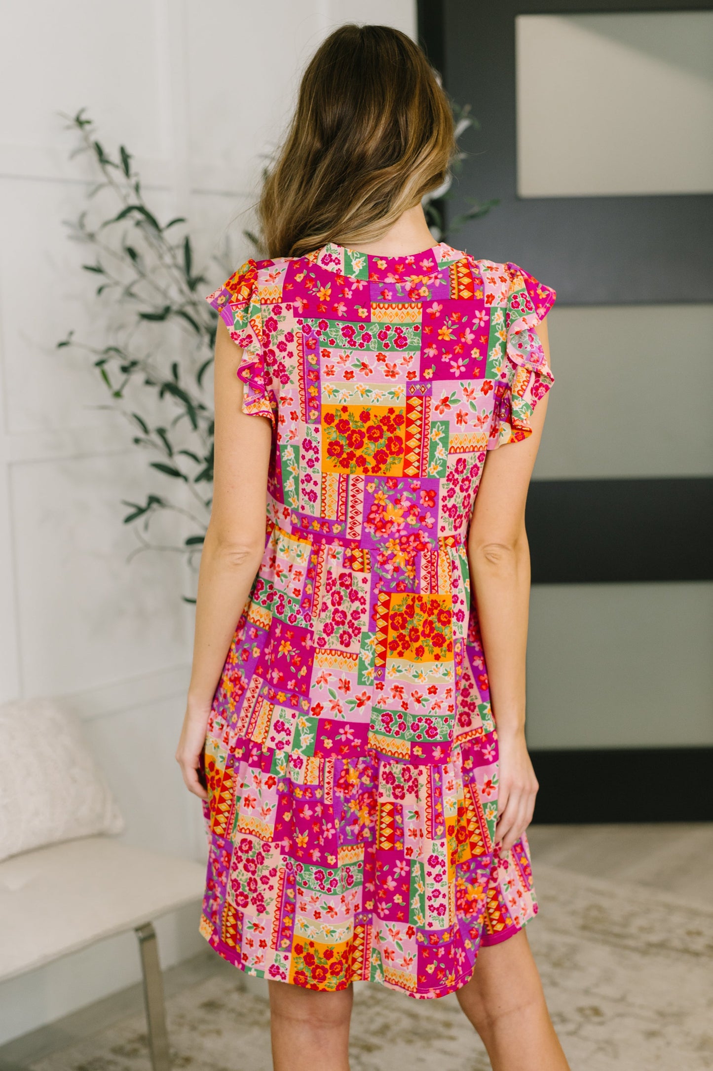 Hazel Blues® |  Lizzy Flutter Sleeve Dress in Patchwork Floral