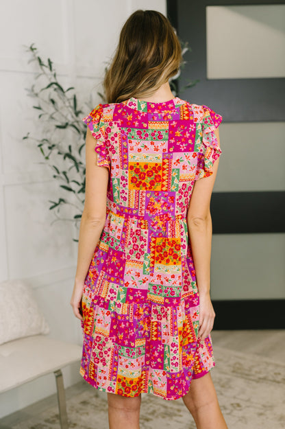 Hazel Blues® |  Lizzy Flutter Sleeve Dress in Patchwork Floral