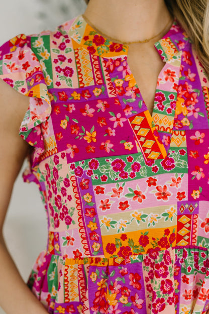 Hazel Blues® |  Lizzy Flutter Sleeve Dress in Patchwork Floral