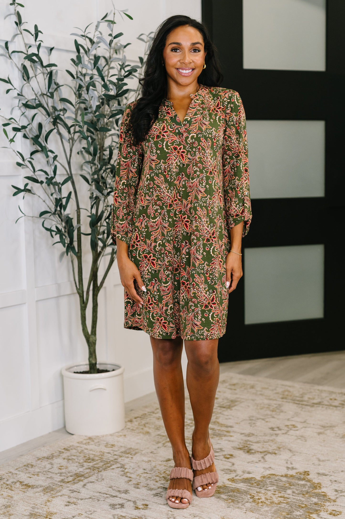 Hazel Blues® |  Lizzy Long Sleeve Dress in Olive Paisley
