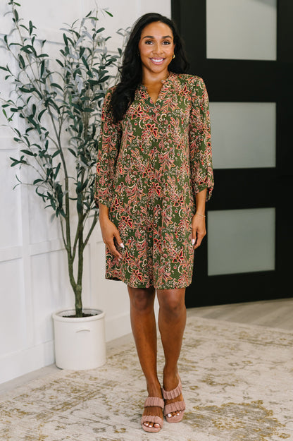 Hazel Blues® |  Lizzy Long Sleeve Dress in Olive Paisley