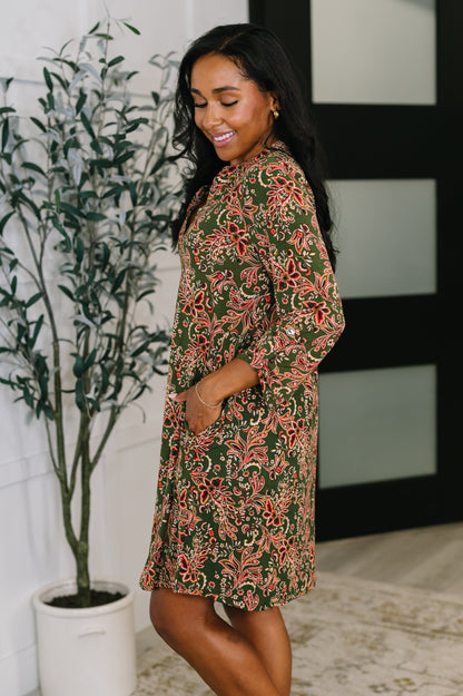 Hazel Blues® |  Lizzy Long Sleeve Dress in Olive Paisley